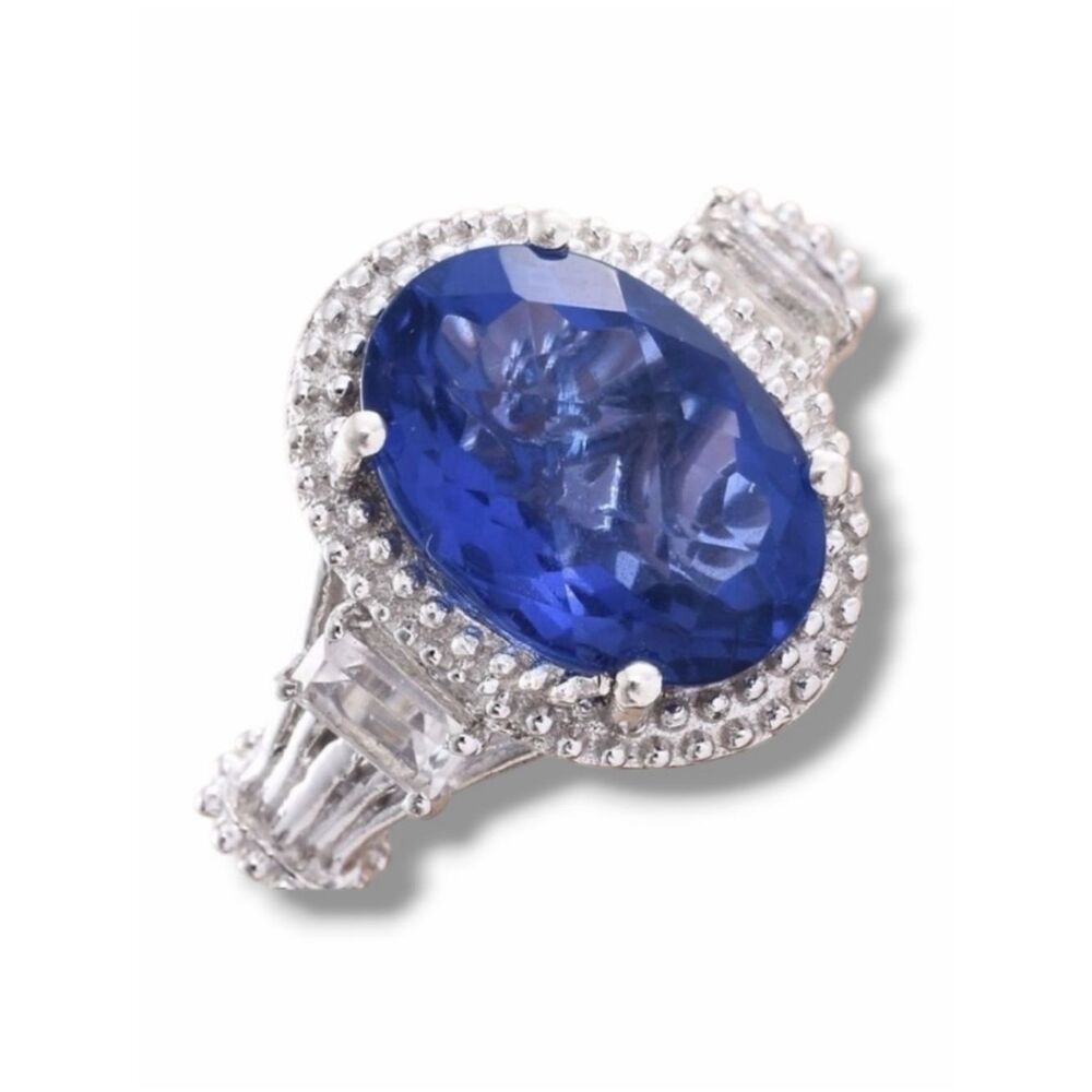 Blue Fluorite & White Topaz 925 Silver Halo Ring Size 6 NWT